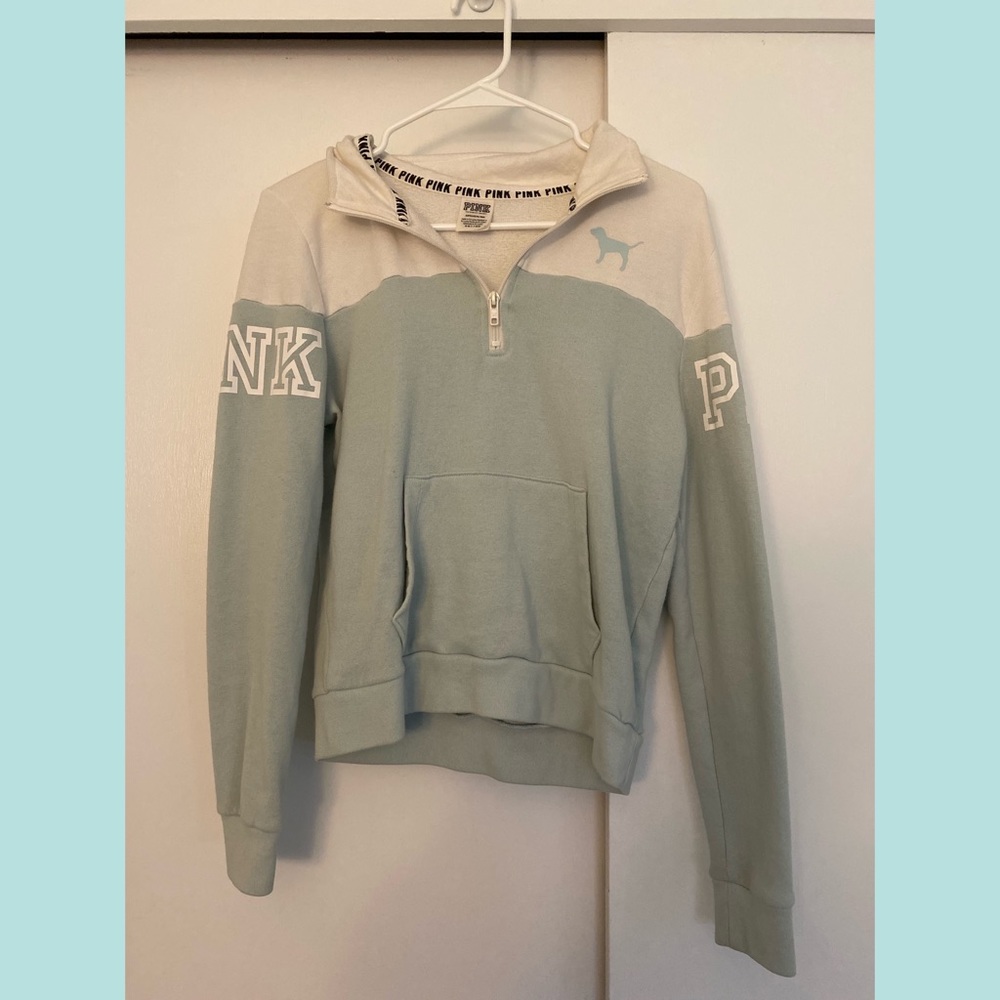 PINK quarter zip light blue and white sweatshirt